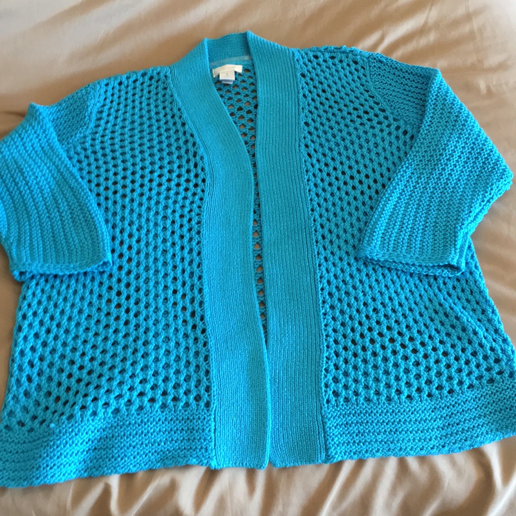 Chico’s Aqua Loose Knit Cardigan.
